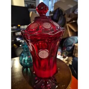 Vintage Fostoria Ruby Red Coin Glass Footed Apothecary Jar 13 To 14inches...